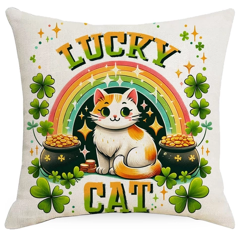 St Patricks Day Leinen Kopfkissenbezug Glückskatze Kleeblatt Regenbogen Muster Dekorativer Kissenbezug Für Wohnzimmer Deko