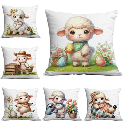 Fodera per Cuscino Agnello di Pasqua Carino Pecora dei Cartoni Animati Uovo Colorato Fiore Stampato Morbido Peluche Quadrato