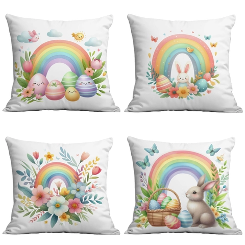 Easter Bunny Rainbow Flower Throw Pillow Case Soft Plush Spring Egg Floral Square Pillowcase Home Decorative Cushion Cover
