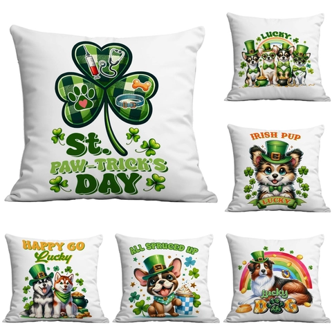 St. Patrick's Day Dog Theme Throw Pillow Cover Lucky Shamrock Leprechaun Hat Soft Plush Decorative Cushion Case For Home Decor