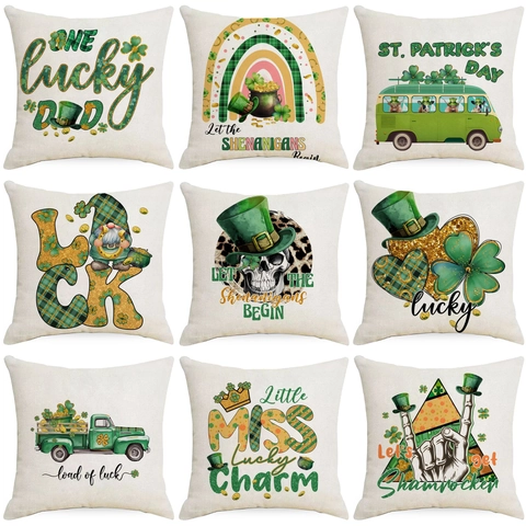 St Patrick's Day Green Shamrock Printed Linen Pillowcase Irish Luck Gnome Throw Pillow Cover Home Living Room Decor