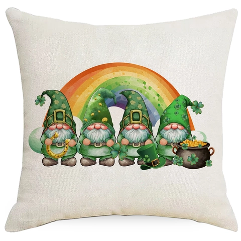 St. Patrick s Day Kissenbezug Leinen Zwergenmotiven Kleeblatt Regenbogen Hufeisen Dekorativer Quadratischer Kissenbezug Für Zuhause