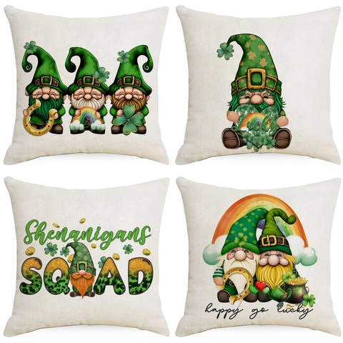St. Patrick s Day Kissenbezug Leinen Zwergenmotiven Kleeblatt Regenbogen Hufeisen Dekorativer Quadratischer Kissenbezug Für Zuhause