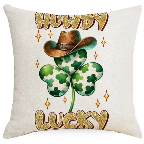 Funda de Cojín de Lino Rétro Día de San Patricio Vaquero Sombrero de Vaquero Trébol Estampado Cuadrada Decorativa