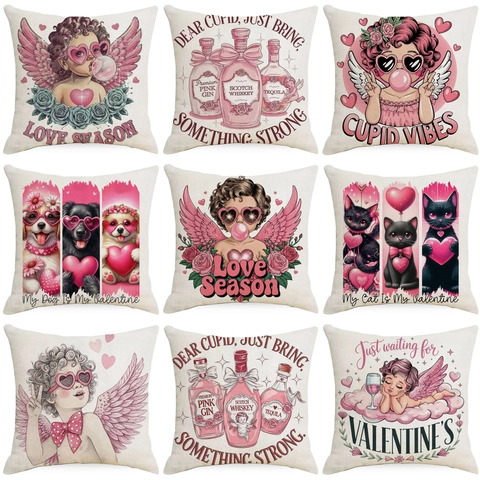 Funda de Almohada de Lino de San Valentín Ángel Cupido Corazón Estampado Funda de Cojín Decorativa para Sofá Sala de Estar
