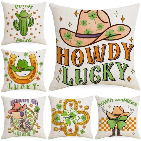 St. Patrick's Day Western Cowboy Leinen Kissenbezug Kleeblatt Hufeisen Grafik Kissenhülle Für Zuhause Deko Party Ohne Füllung