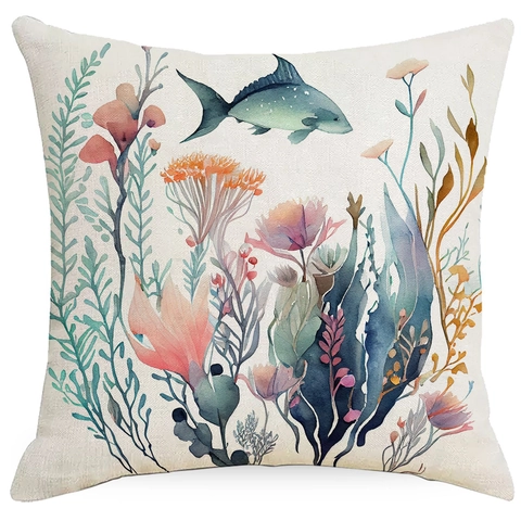 Oceaan Zeewezen Aquarelkunst Linnen Kussensloop Decoratieve Kussenhoes Voor Woonkamer Bank Home Decor Zonder Kussen