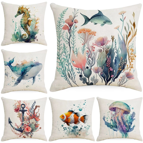 Oceaan Zeewezen Aquarelkunst Linnen Kussensloop Decoratieve Kussenhoes Voor Woonkamer Bank Home Decor Zonder Kussen