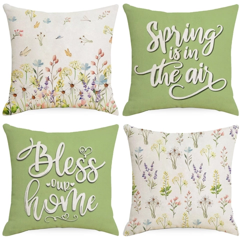 Funda De Almohada De Lino Estilo Nórdico Impresión Floral Diseño De Letras De Primavera Funda De Cojín Cuadrada Decorativa Hogar