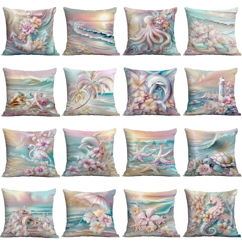 Küstensandstrand Ozean Meerestier Kissenbezug Kurzplüsch Traumhaft 3D Druck Deko Kissenhülle Für Sofa Ohne Füllung