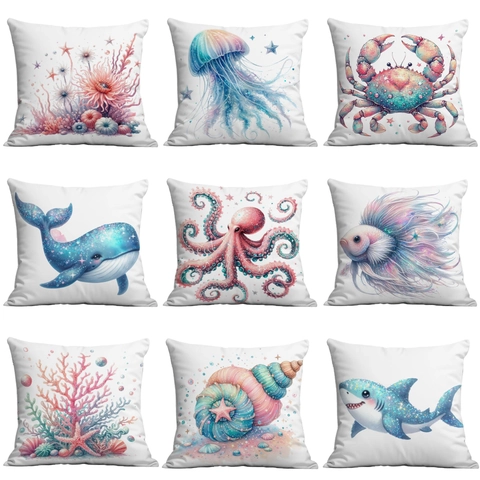 Housse de Coussin Décorative Thème Créatures Marines Aquarelle Peluche Courte Douce Carrée Pour Salon Décoration Maison