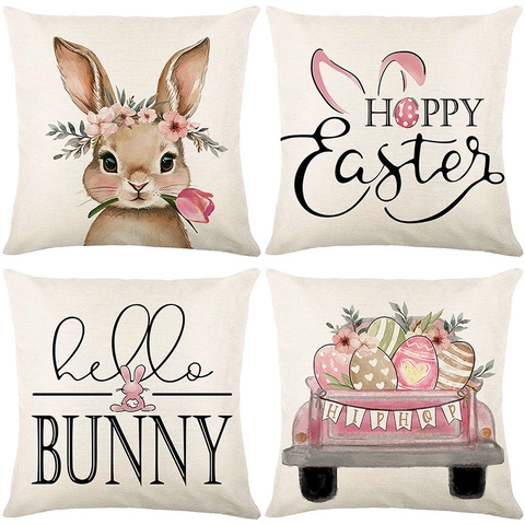 Decorative Easter Bunny Rabbit Square Pillowcases Polyester Cushion Covers For Sofa Living Room Home Decor Festive Holiday Gift