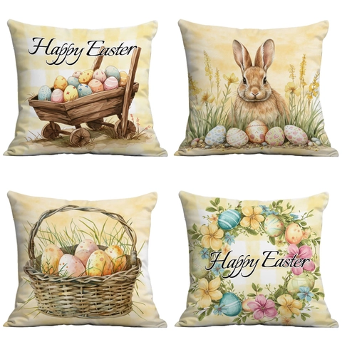 Easter Peach Skin Velvet Pillowcase Vintage Rabbit Easter Egg Printed Square Cushion Cover For Sofa Living Room Home Decor