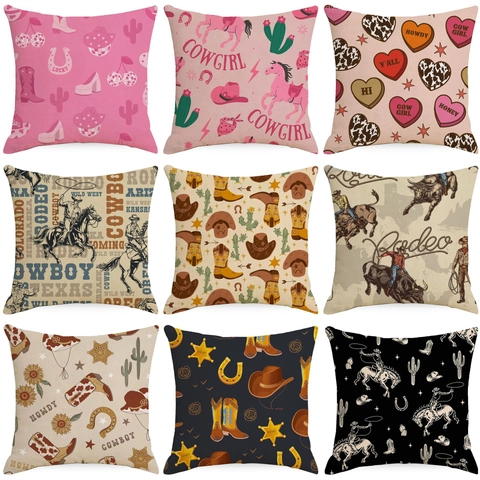 Western Cowboy Stil Leinen Deko Kissenbezug Retro Rodeo Cowgirl Muster Kissenhülle Für Sofa Zuhause Dekoration
