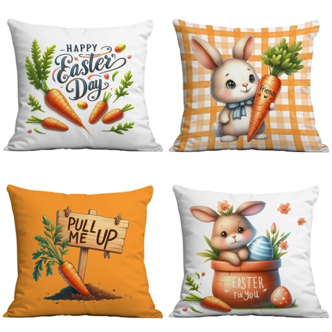 Taie d'Oreiller Imprimée Lapin de Pâques et Carotte Housse de Coussin Carrée en Velours Peau de Pêche pour Décoration de Fête