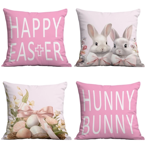 Federe per Cuscino in Velluto Pelle di Pesca Coniglietto di Pasqua Rosa Bianco Stampa Digitale Coniglio Uova Decorazione Divano