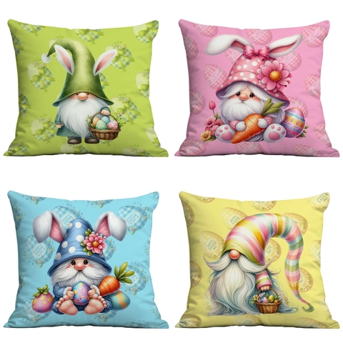Easter Gnome Printed Short Plush Cushion Cover Cute Rabbit Egg Pattern Decorative Pillowcase For Sofa Living Room Home Decor