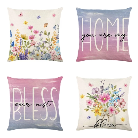 Linen Frühling Blume Schmetterling Kissenbezug Home Bless Bloom Buchstabe Zitat Dekorativer Quadratischer Kissenbezug Modern