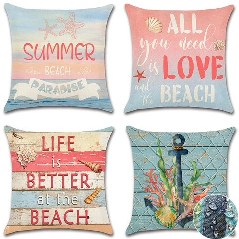 Sommer Strand Ozean Thema Wasserdicht Leinen Kissenbezug Set Seestern Muschel Muster Dekorative Quadratische Kissenhülle Für Zuhause
