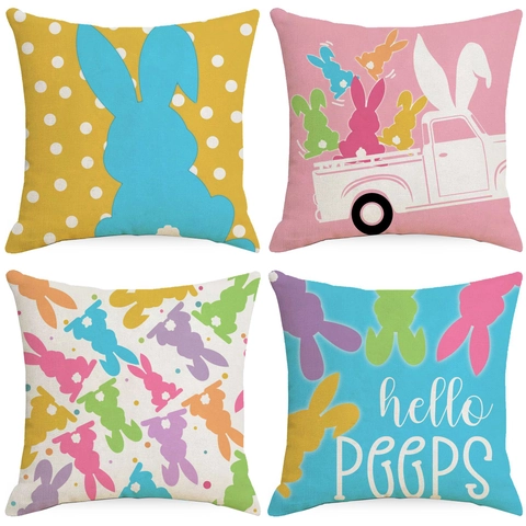 Linen Easter Bunny Pillow Case Decorative Square Cushion Cover For Sofa Couch Living Room Festive Home Decor No Insert