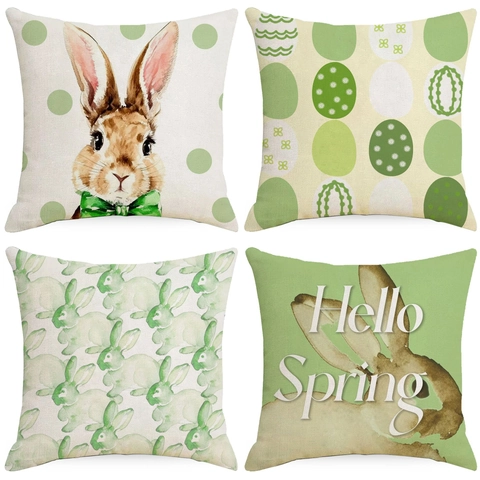 Funda de Almohada de Lino de Pascua Lindo Conejo y Huevos Coloridos Impresión Digital Funda de Cojín Decorativa para Sala de Estar Dormitorio Decoración del Hogar