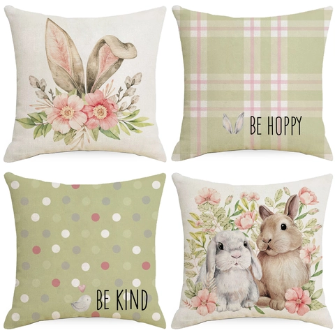 Easter Linen Throw Pillow Case Bunny Egg Print Decorative Cushion Cover For Home Living Room Sofa Easter Party Decor