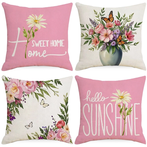 Vierkante Linnen Bloemen Kussenslopen Madeliefje Vlinder Patroon Decoratieve Kussenhoezen Voor Thuis Woonkamer Bank Decor