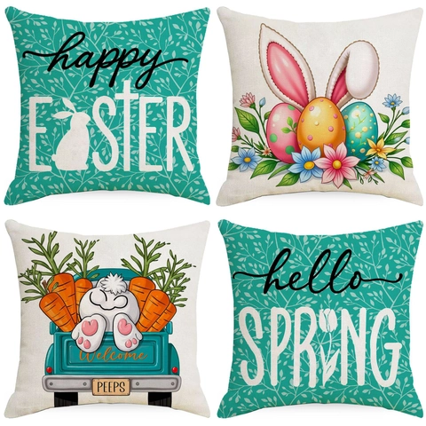 Linen Easter Decorative Pillow Case Bunny Eggs Truck Pattern Cushion Cover For Sofa Couch Living Room Bedroom Decor