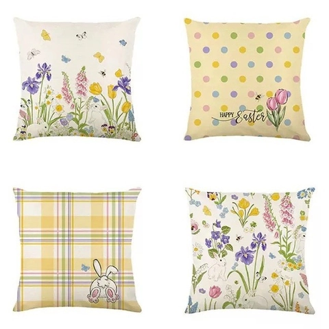 Linen Easter Cushion Cover Spring Floral Bunny Butterfly Printed Decorative Pillowcase For Living Room Sofa Home Decor