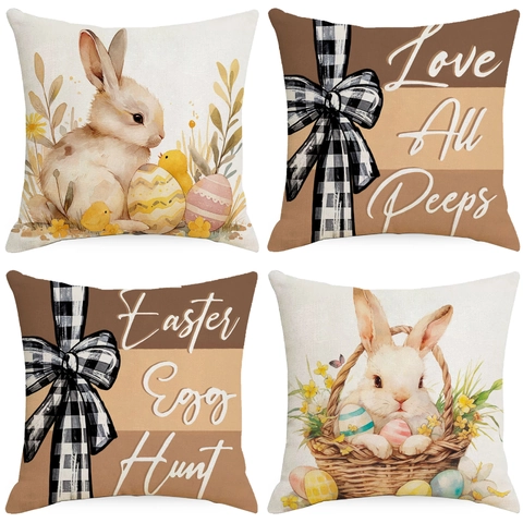 Ostern Leinen Kissenbezug Vintage Hase Ei Aquarell Druck Quadratische Kissenhülle Für Wohnzimmer Sofa Haus Dekoration