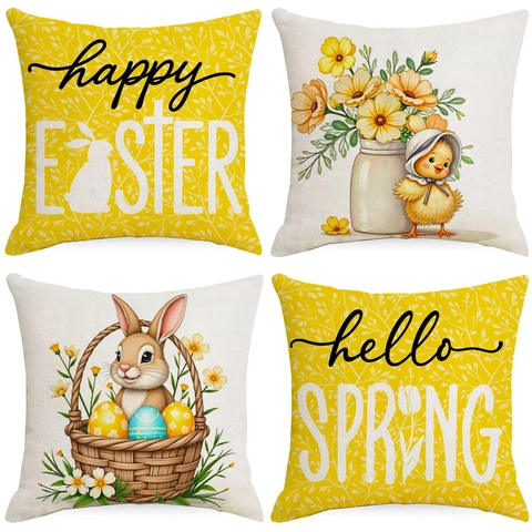 Pasen Konijn Linnen Kussensloop Happy Easter Hello Spring Decoratieve Vierkante Kussenhoes Voor Sofa Woonkamer Home Decor