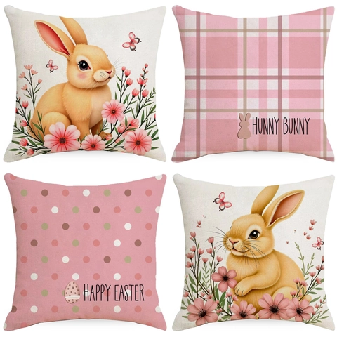 Housse de Coussin Lapin de Pâques en Lin Rose Décorative pour Salon Canapé Happy Easter Hunny Bunny Décoration Maison