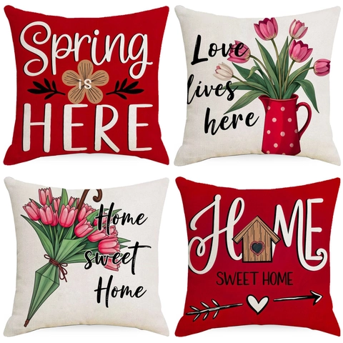 Spring Floral Tulip Letter Print Linen Pillowcase Decorative Square Cushion Cover For Sofa Living Room Home Decor