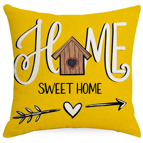 Linen Spring Floral Printed Decorative Pillow Case Home Sweet Home Easter Sunflowers Pattern Sofa Cushion Cover Living Room Decor