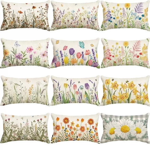 Taie d'Oreiller en Lin Fleurs de Printemps Rectangulaire Aquarelle Florale Abeille Oiseau Motif Décoratif Maison