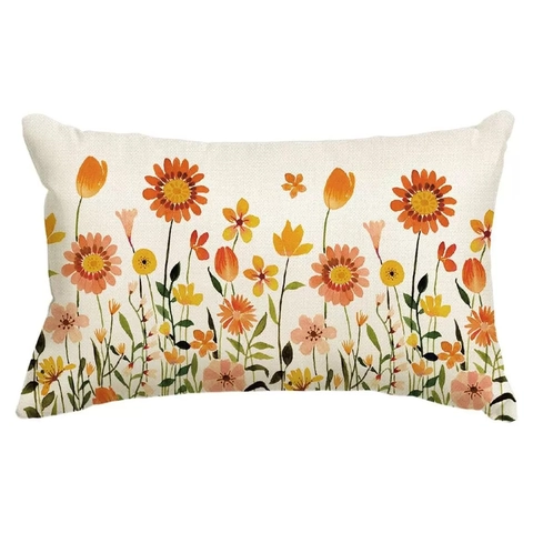 Taie d'Oreiller en Lin Fleurs de Printemps Rectangulaire Aquarelle Florale Abeille Oiseau Motif Décoratif Maison
