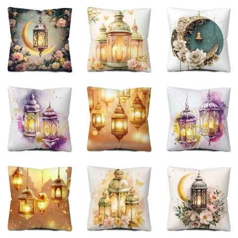 Ramadan Mubarak Linen Cushion Cover Eid Decoration Moon Lantern Floral Pillowcase Festive Sofa Home Decor Pillow Cover