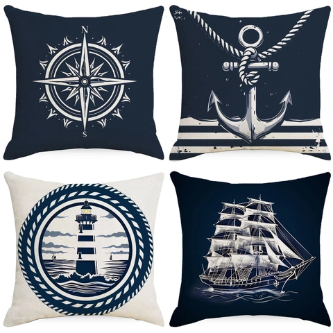 Nautisches Thema Leinen Kissenbezug Marineblau Beige Kompass Leuchtturm Anker Segelboot Druck Kissenhülle Heimtextilien