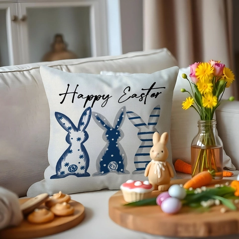 Linnen Pasen Kussensloop Happy Easter Konijn Ei Bedrukt Decoratieve Kussenhoes Voor Bank Slaapkamer Huis Decoratie Geen Vulling