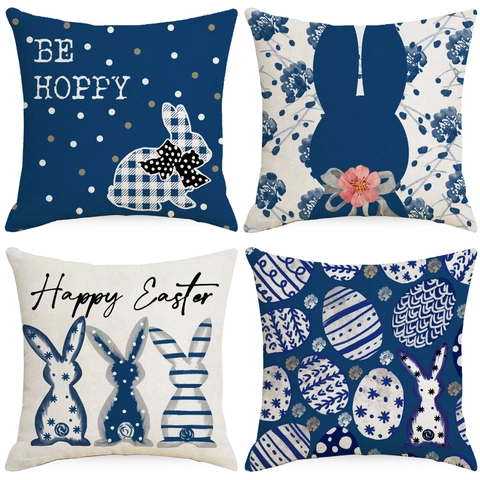 Linnen Pasen Kussensloop Happy Easter Konijn Ei Bedrukt Decoratieve Kussenhoes Voor Bank Slaapkamer Huis Decoratie Geen Vulling