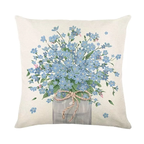 Blue Floral Linen Throw Pillowcase Spring Botanical Printed Square Sofa Decorative Cushion Cover For Living Room Home Decor
