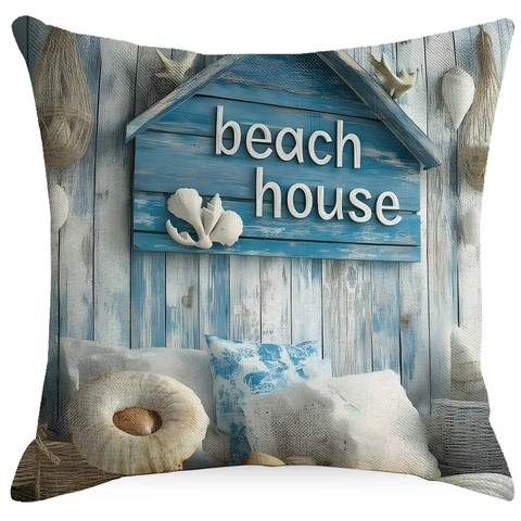Coastal Beach Nautical Linen Cushion Cover Watercolor Sea Lighthouse Bicycle Print Square Pillowcase For Couch Home Decor