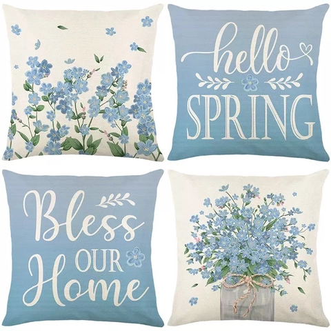 Blue Floral Linen Throw Pillowcase Spring Botanical Printed Square Sofa Decorative Cushion Cover For Living Room Home Decor