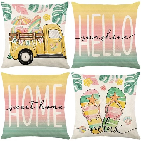 Sommer Tropische Leinen Kissenbezug Für Sofa Wohnzimmer Home Decor Vintage LKW Hello Sunshine Bedruckte Quadratische Kissenhülle