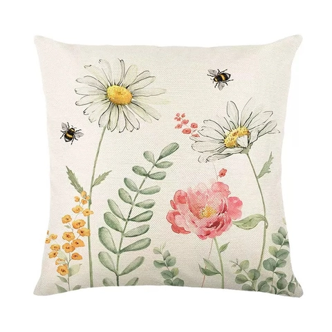 Nordic Style Linen Pillowcase Spring Floral Daisy Bee Print Square Cushion Cover For Living Room Home Sofa Decor