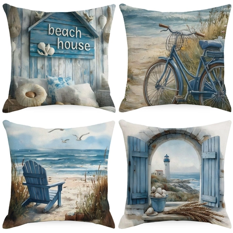 Coastal Beach Nautical Linen Cushion Cover Watercolor Sea Lighthouse Bicycle Print Square Pillowcase For Couch Home Decor