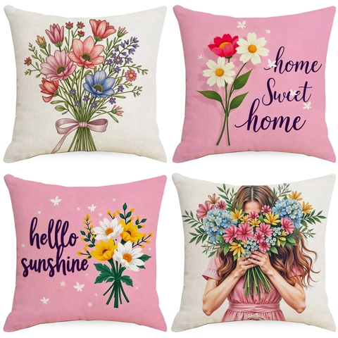 Nordisch Modern Rosa Blumen Leinen Kopfkissenbezug Blumenstrauß Home Sweet Home Dekorative Quadratische Kissenhülle Für Sofa Auto