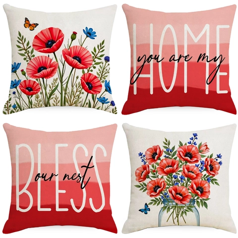 Kissenbezug Leinen Mit Blumen Und Buchstaben Modern Nordisch Haus Deko Quadratisch Kissenhülle Für Wohnzimmer Sofa Bett