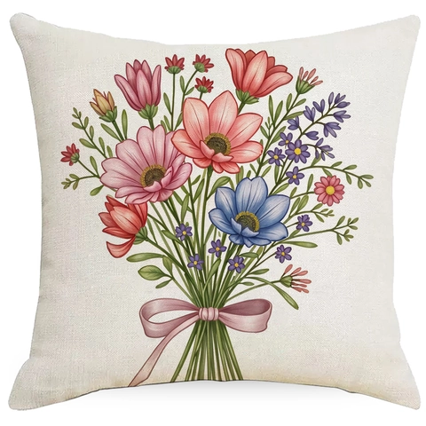 Nordisch Modern Rosa Blumen Leinen Kopfkissenbezug Blumenstrauß Home Sweet Home Dekorative Quadratische Kissenhülle Für Sofa Auto