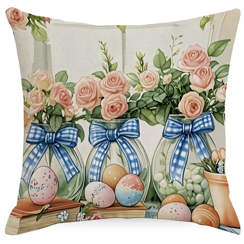 Ostern Frühling Leinen Kissenbezug Blumen LKW Hase Druck Outdoor Sofa Kissenbezug Quadratisch Dekorativer Kissenhülle